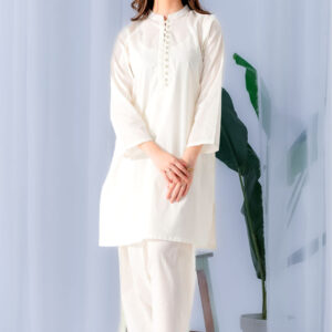 2 Piece – Cotton Suit  Women White Solid