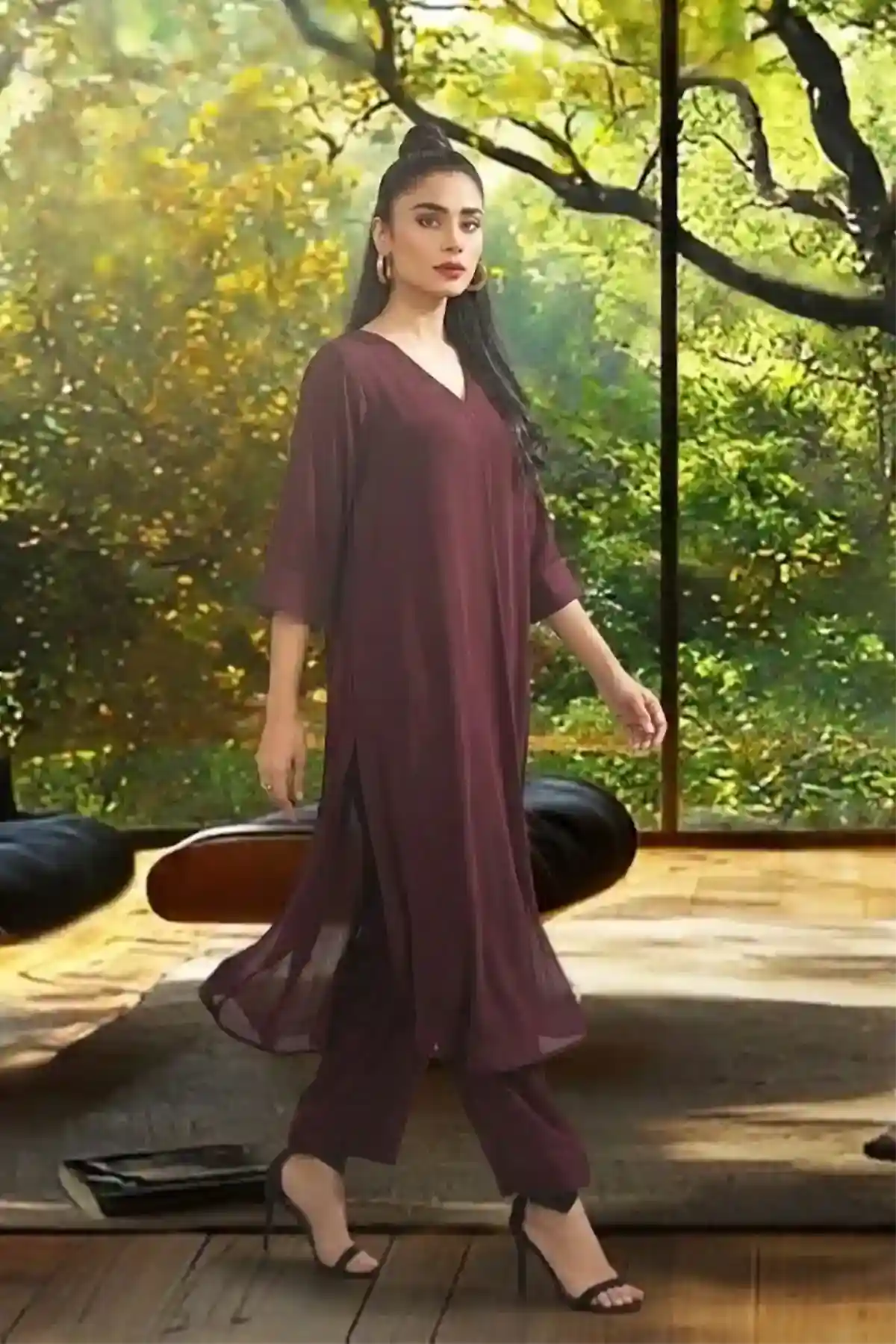 Brown Crepe Dress 2 Piece - Cotton Suit - Image 2