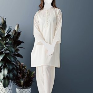 2 Piece – Cotton Suit  Women White Solid
