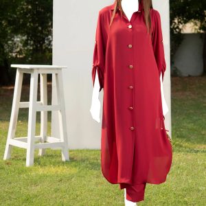 Solid Red Buttoned  2 Piece – Cotton Suit