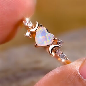 White Fire Opal Love Heart Stone Rings For Women Rose Gold Silver