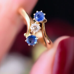 Early Australian Antique Edwardian Era 18ct Gold Sapphire And Diamond Trilogy Ring By A.Benjamin