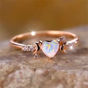 White Fire Opal Love Heart Stone Rings For Women Rose Gold Silver